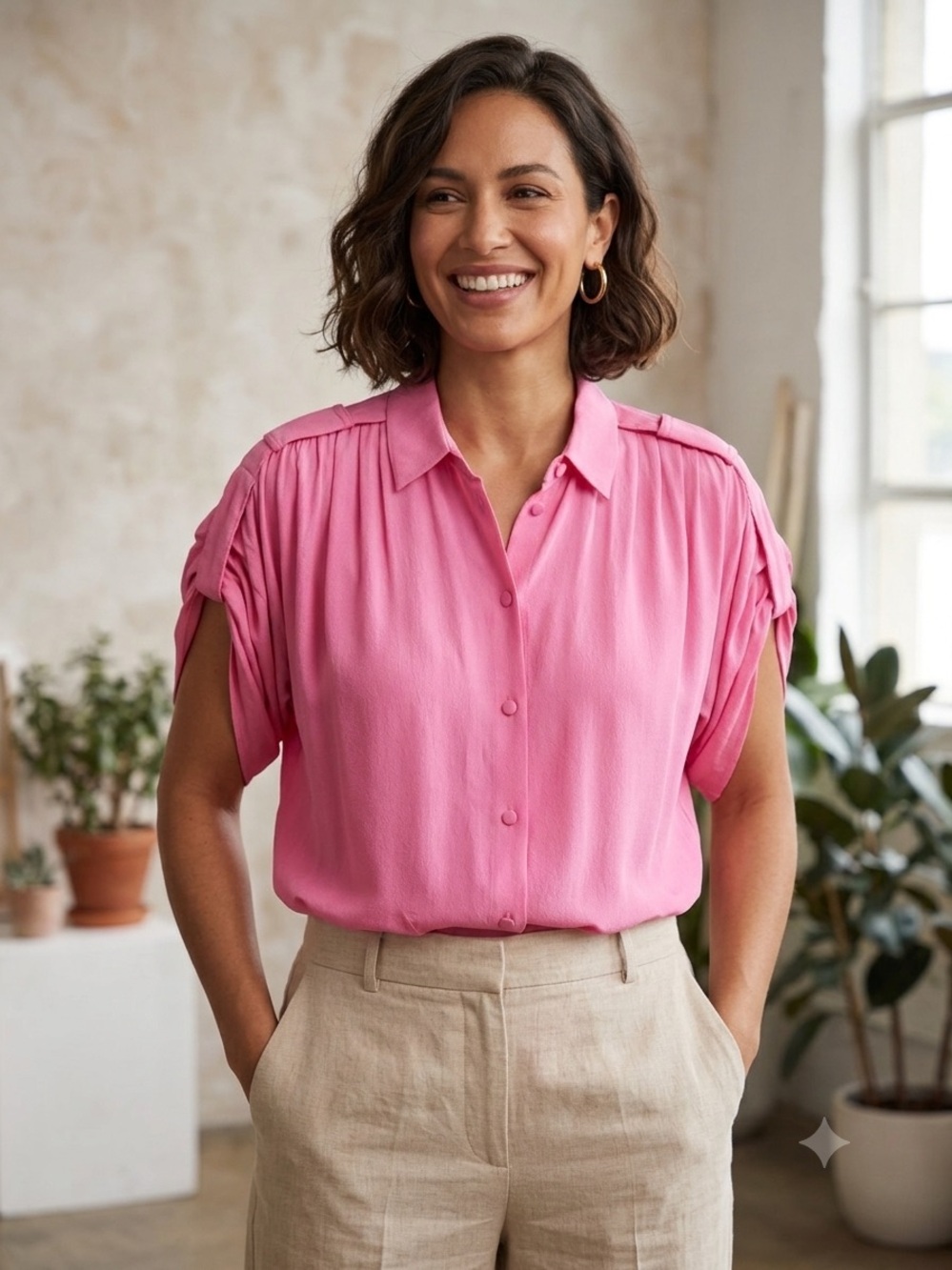 Diane von Furstenberg Pink Button-Front Pleated Blouse XS